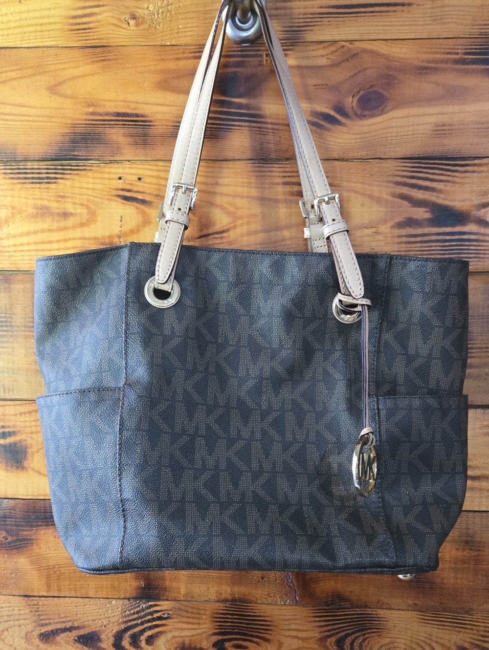 Michael Kors Black Logo Tote with Beige Straps